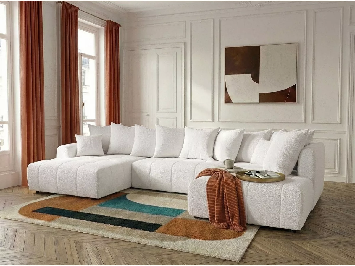 Canapé panoramique convertible ROXELANE tissu bouclette angle BOBOCHIC 6 places