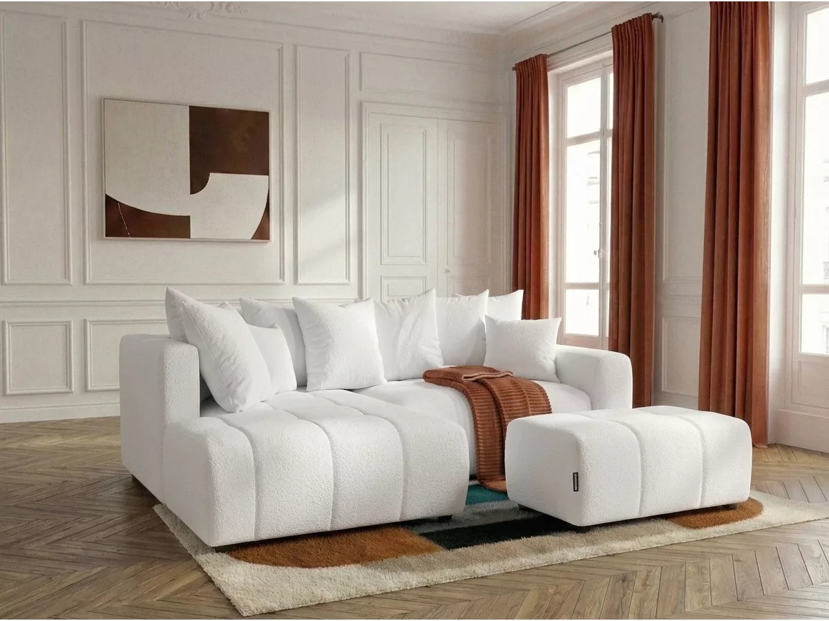 Canapé d'angle L convertible coffre ROXELANE tissu bouclette avec pouf angle BOBOCHIC 4