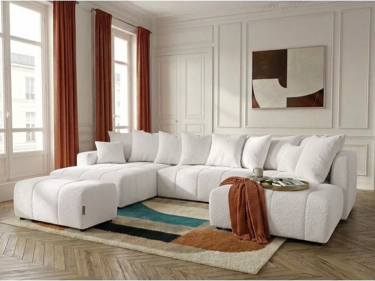 Canapé panoramique convertible ROXELANE tissu bouclette avec pouf angle BOBOCHIC 6 places