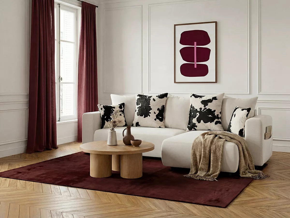 Canapé d'angle convertible réversible coffre SIDONIE avec coussins à motif vache BOBOCHIC