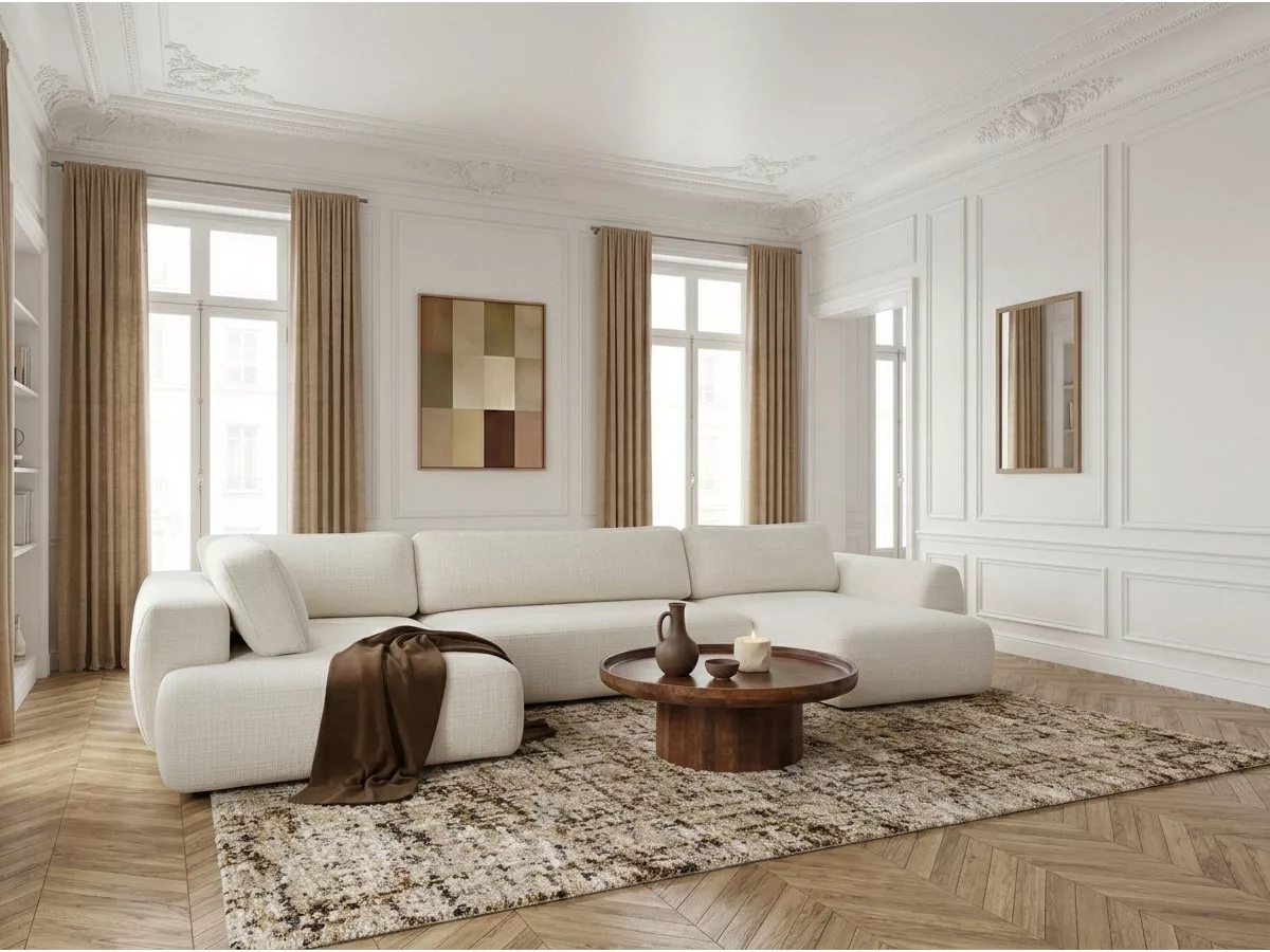 Canapé panoramique convertible coffre DENISE tissu texturé angle BOBOCHIC 6 places