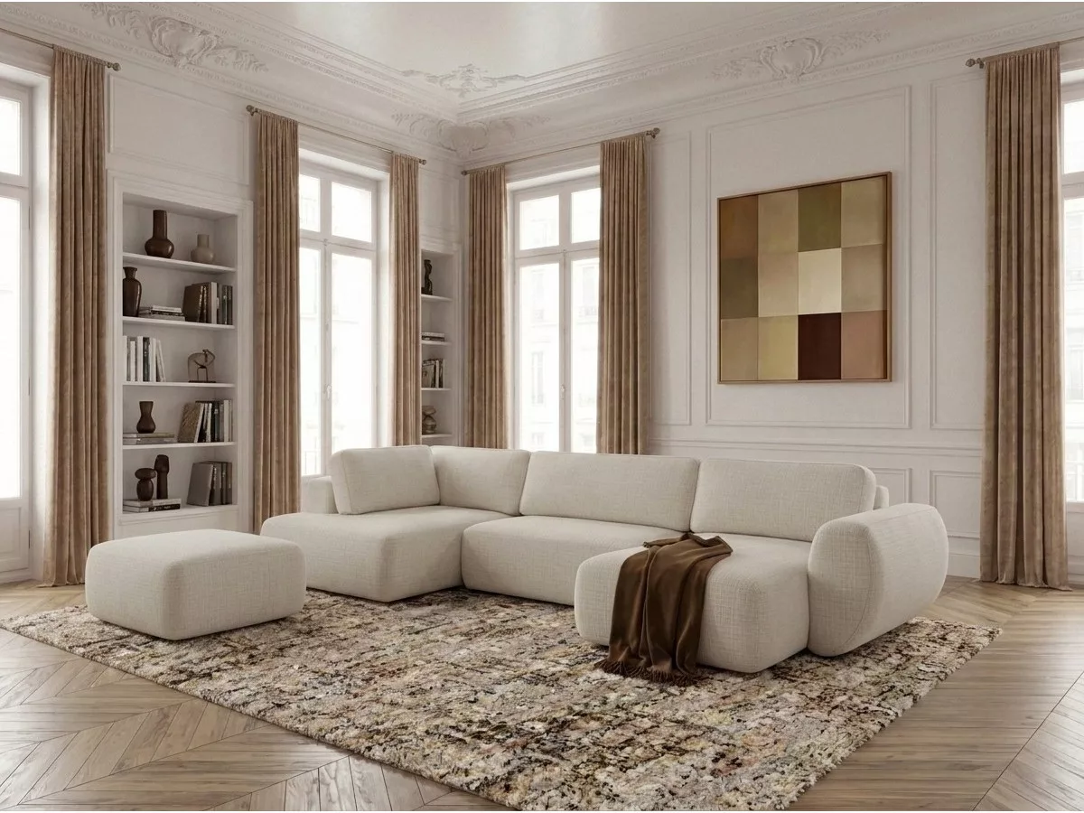 Canapé panoramique convertible coffre DENISE tissu texturé avec pouf angle BOBOCHIC 6