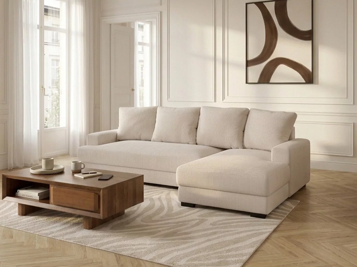 Canapé d'angle convertible coffre CAMPI tissu velours côtelé angle BOBOCHIC 3 places