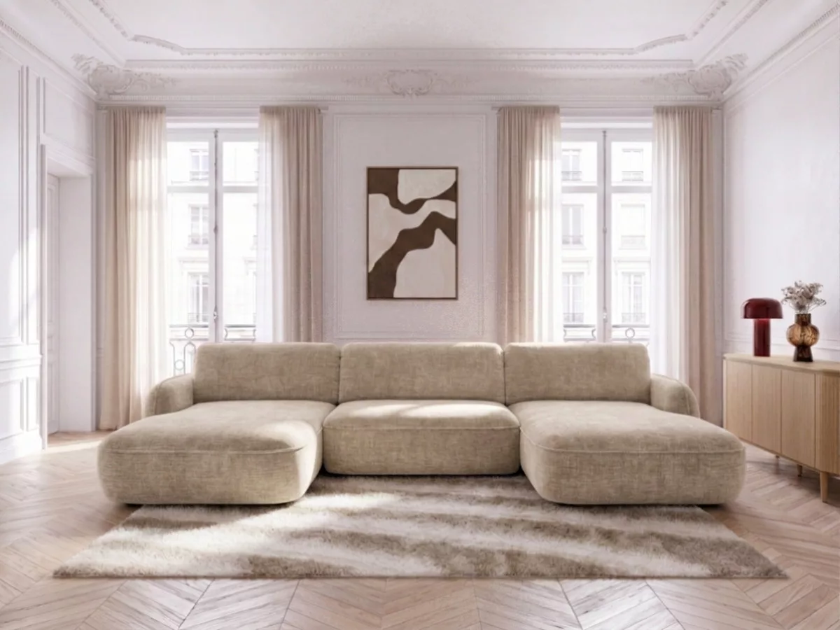 Canapé panoramique convertible coffre CELESTE tissu lisse BOBOCHIC 4 places