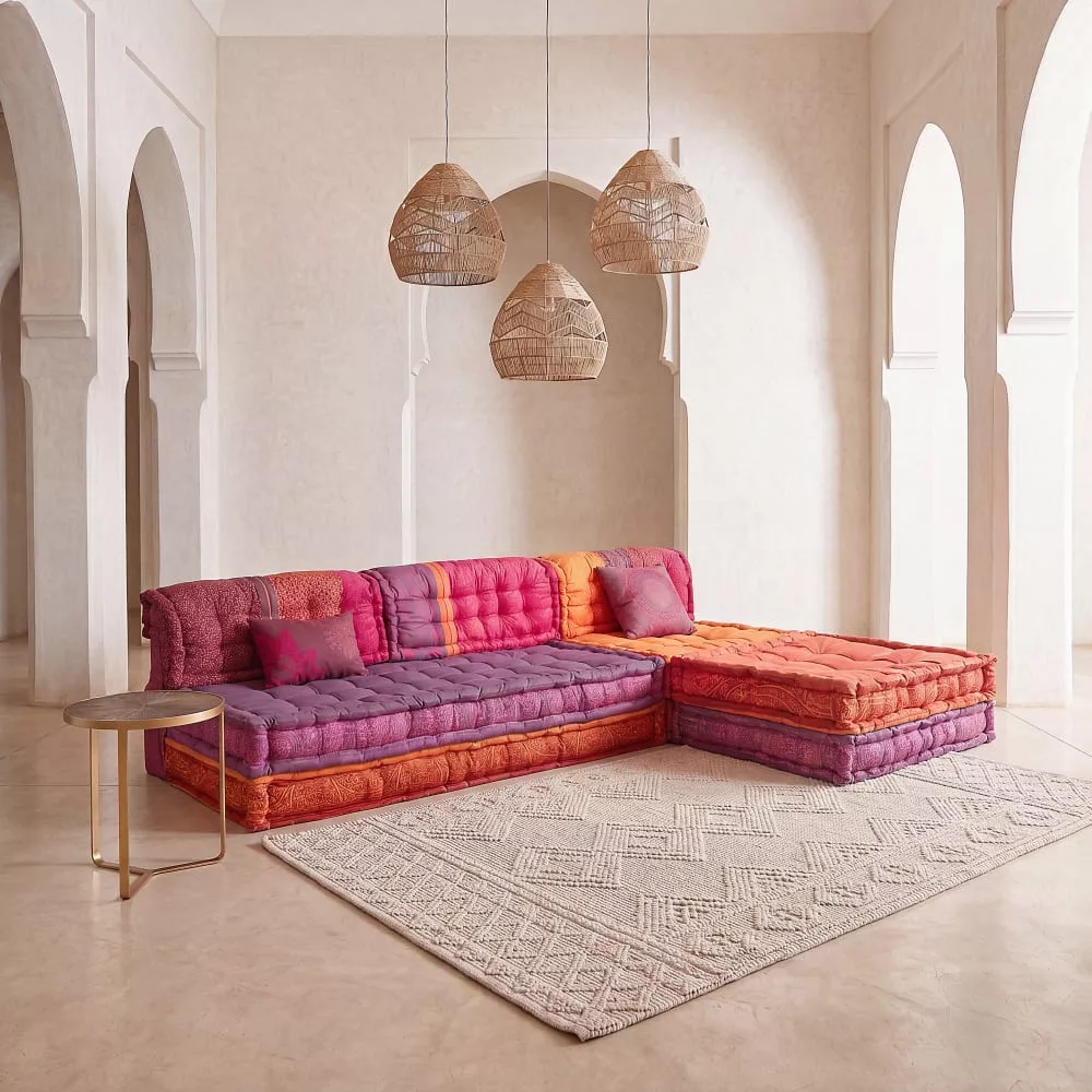 Banquette d'angle modulable 6 places en coton