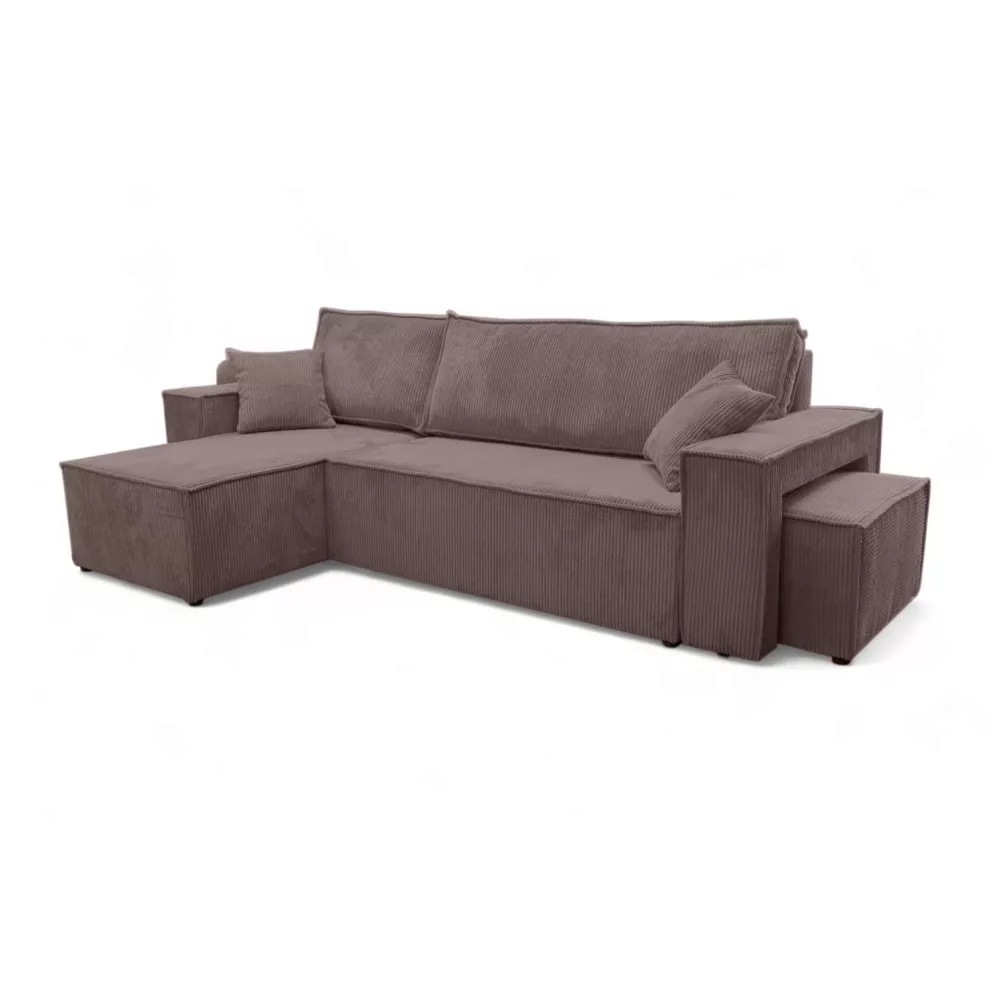 Canapé d'angle convertible avec un pouf en velours côtelé glacé