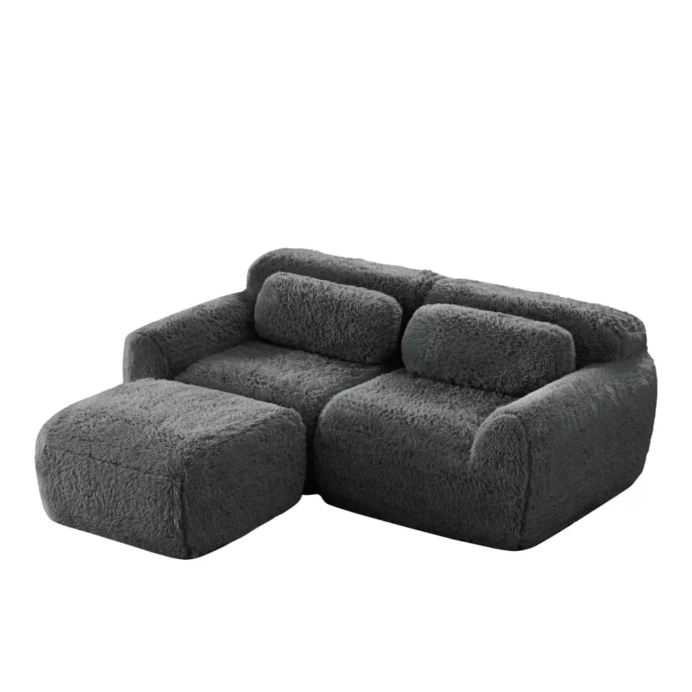 Canapé d'angle 2 places modulable en tissu peluche avec coussins
