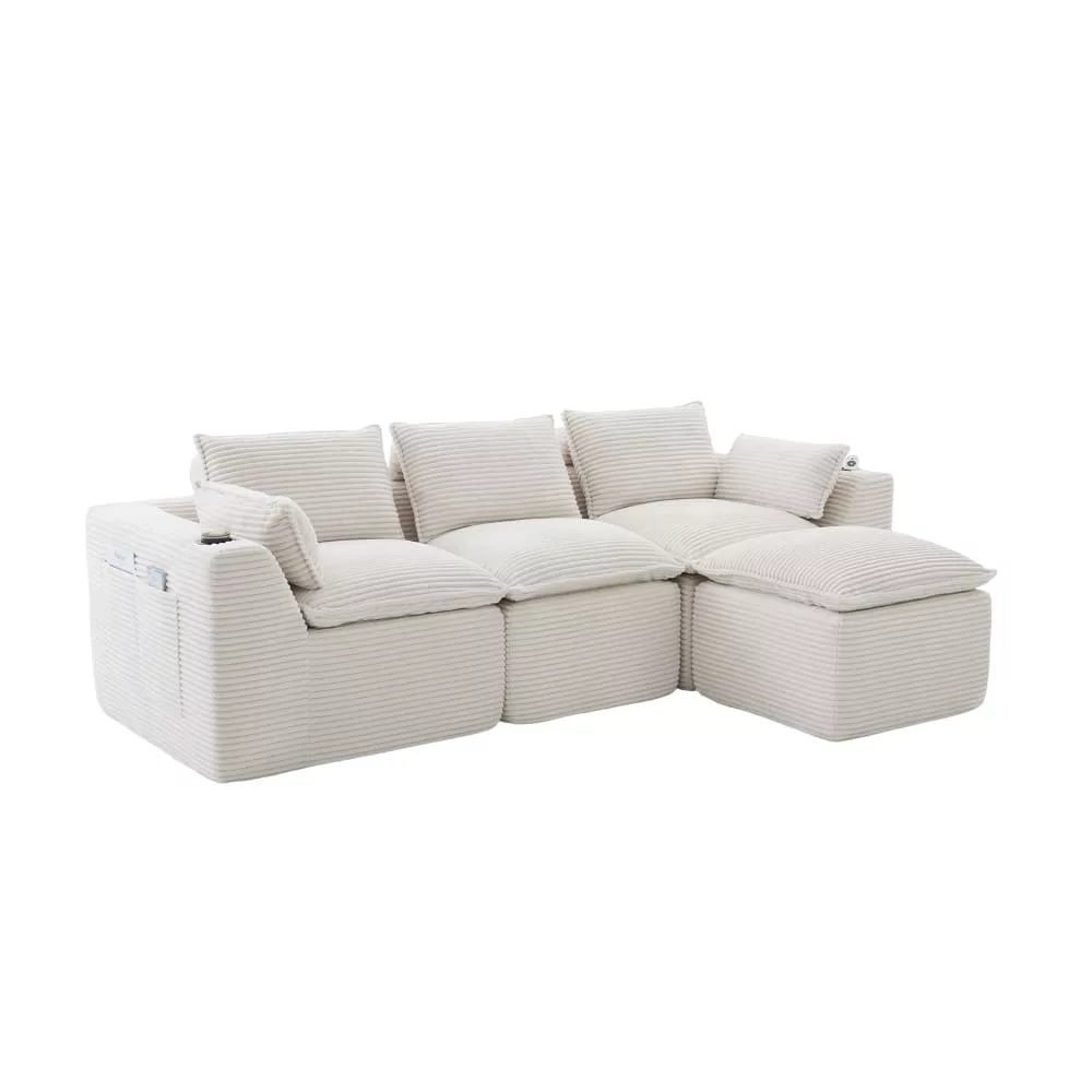 Canapé modulable 3 places avec pouf et coussins tissu chenille