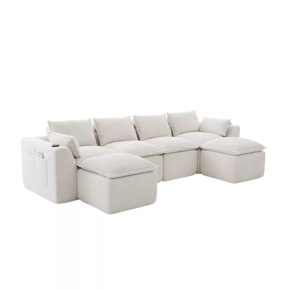 Canapé modulable 4 places avec 2 poufs et coussins velours