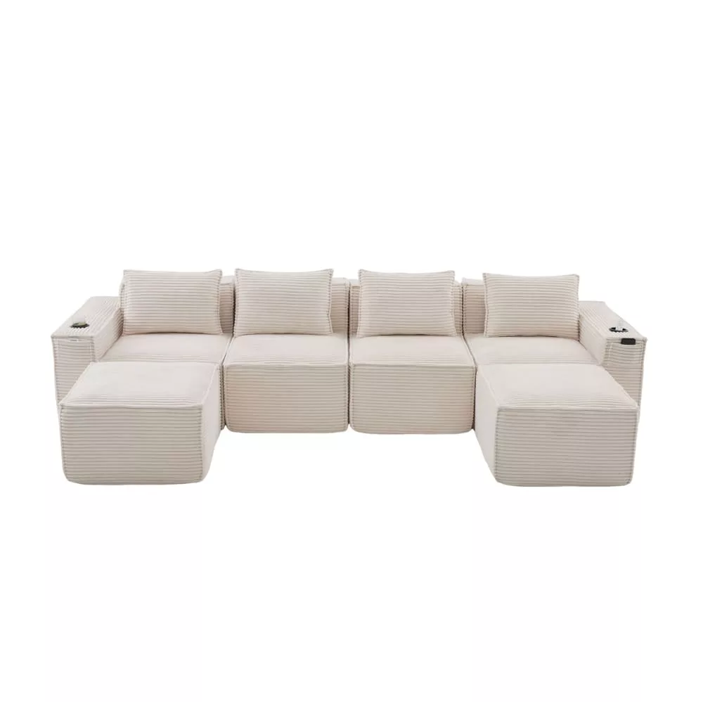 Canapé modulaire 4 places en velours côtelé avec 2 tabourets
