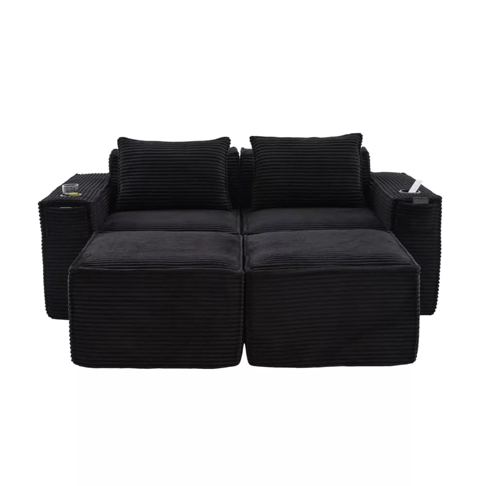 Canapé modulaire 2 places en velours côtelé avec 2 tabourets