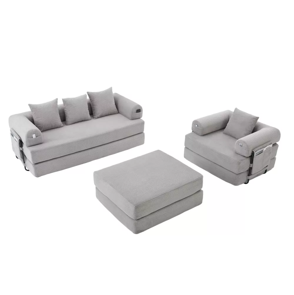 Canapé 4 places en velours côtelé avec pouf