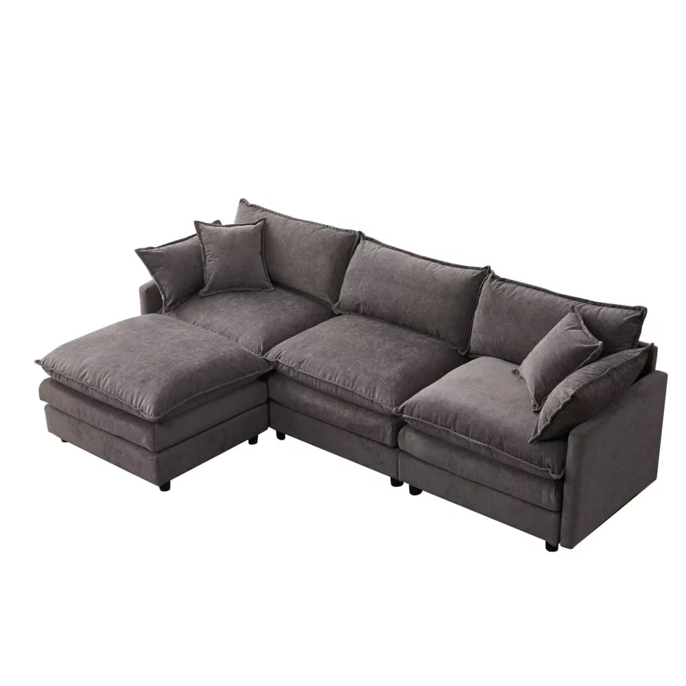 Canapé d'angle modulable en chenille avec pouf 3 places