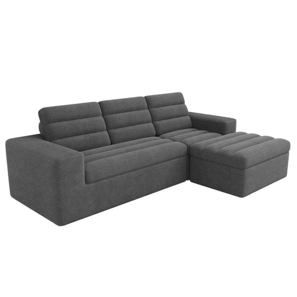 Canapé d'angle en velours côtelé avec pouf