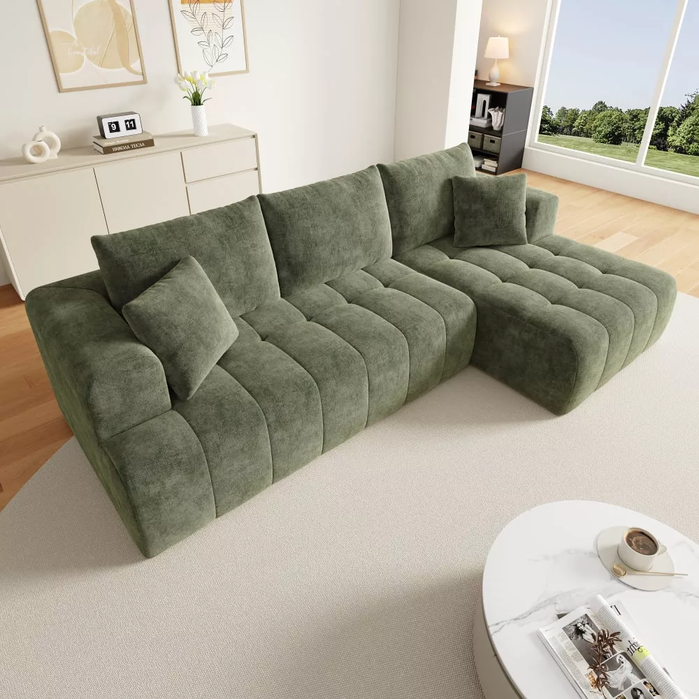 Canapé d'angle en chenille avec 2 coussins