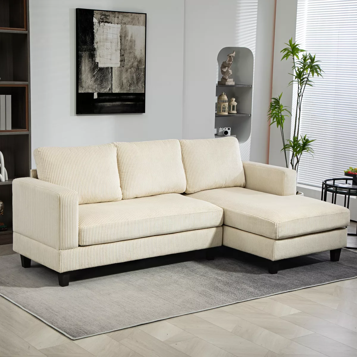 HOMCOM Canapé d'angle en velours côtelé 3 places avec méridienne et coussin à ressorts