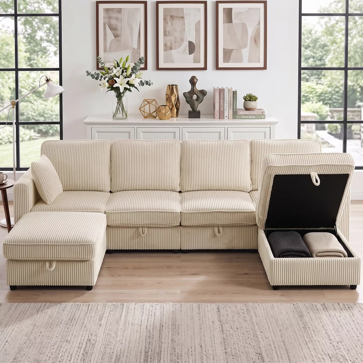 HOMCOM Canapé Modulaire en U 4 Places avec 2 Poufs Coffre en Velours Côtelé