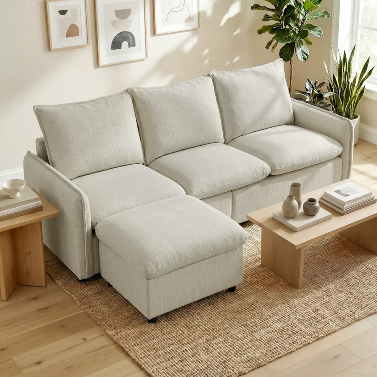 HOMCOM Canapé 3 places avec pouf de rangement