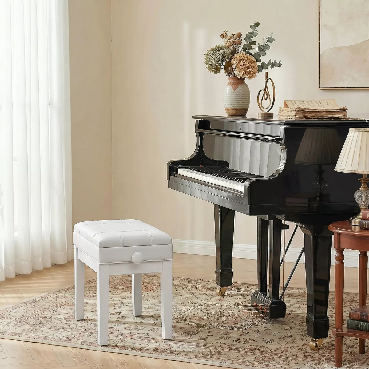HOMCOM Banquette tabouret siège pour piano coffre intégré hauteur réglable bois hévéa