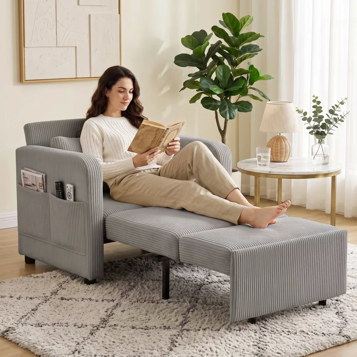 HOMCOM Canapé‑lit 1 place Convertible 3 en 1 en tissu effet lin avec dossier réglable
