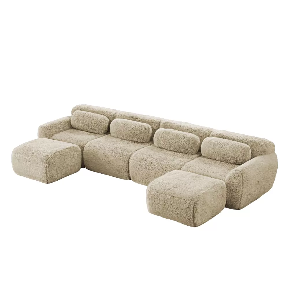 Canapé modulable en u 4 places, sans montage, tissu fausse fourrure