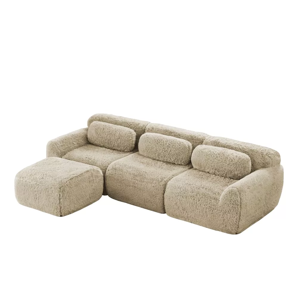 Canapé modulable en l 3 places, tissu fausse fourrure