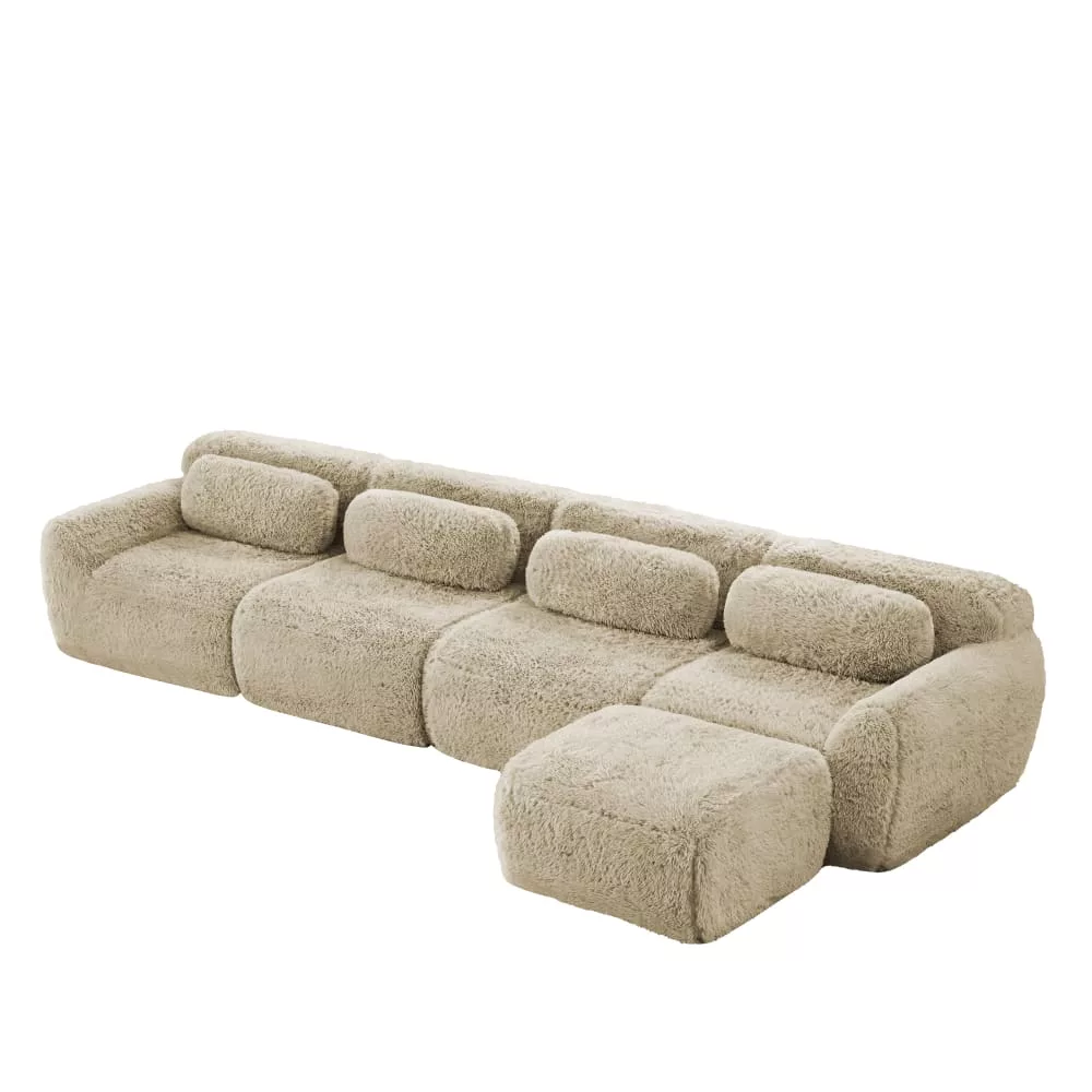 Canapé modulable 4 places sans montage, tissu fausse fourrure