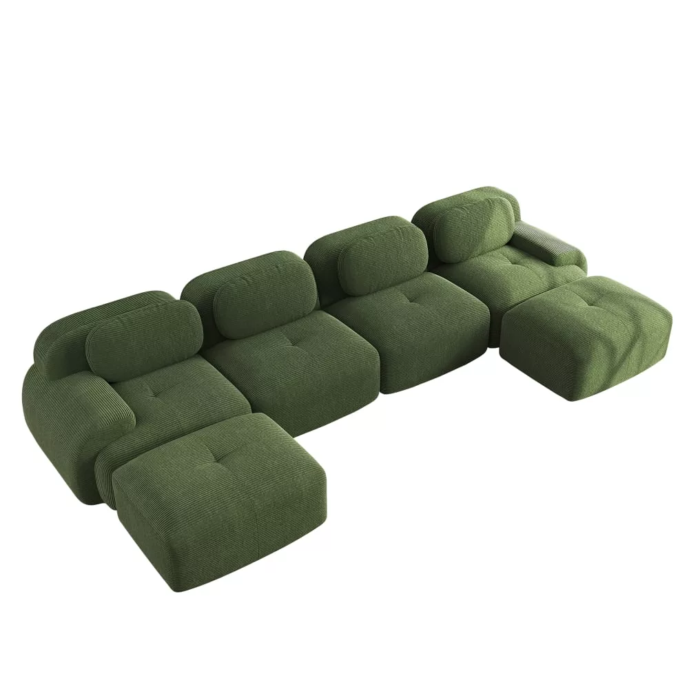 Canapé modulable u 4 places, accoudoirs, tissu côtelé