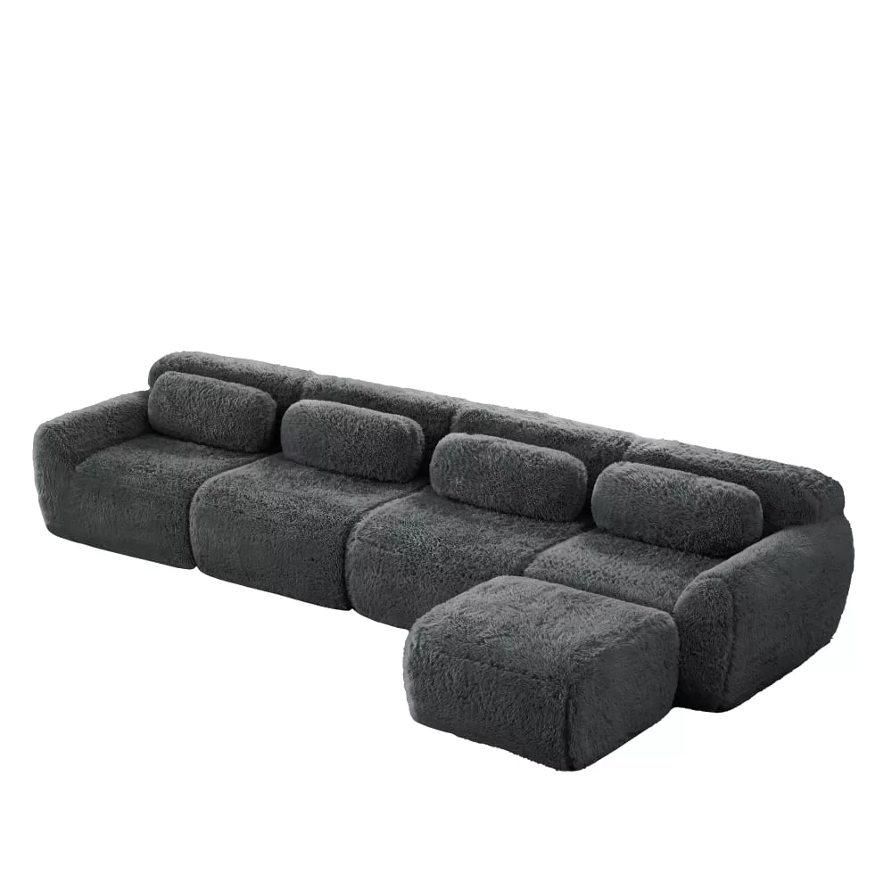 Canapé modulable en l 4 places, tissu fausse fourrure