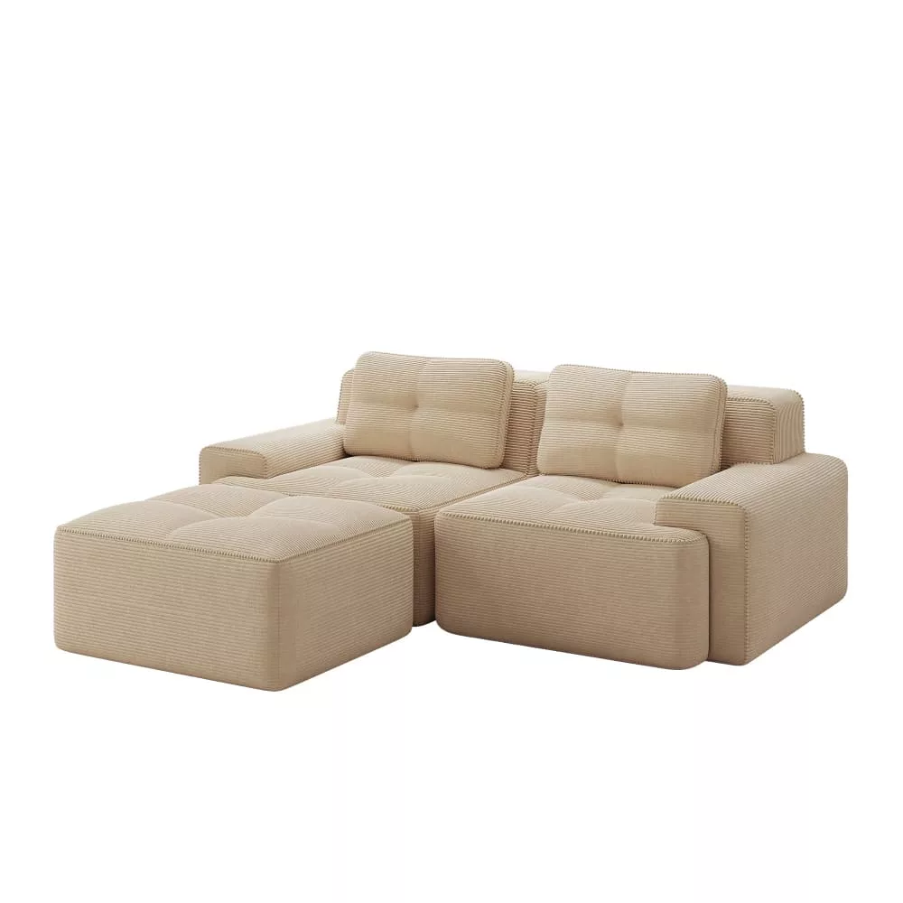 Canapé d'angle 2 places modulable en velours côtelé avec pouf