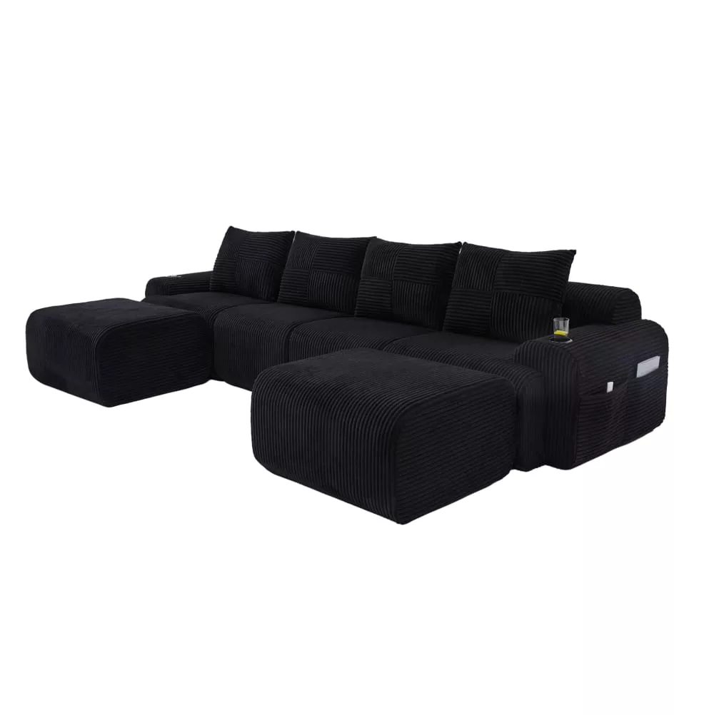 Canapé modulable 4places en velours polyester côtelé avec 2 poufs