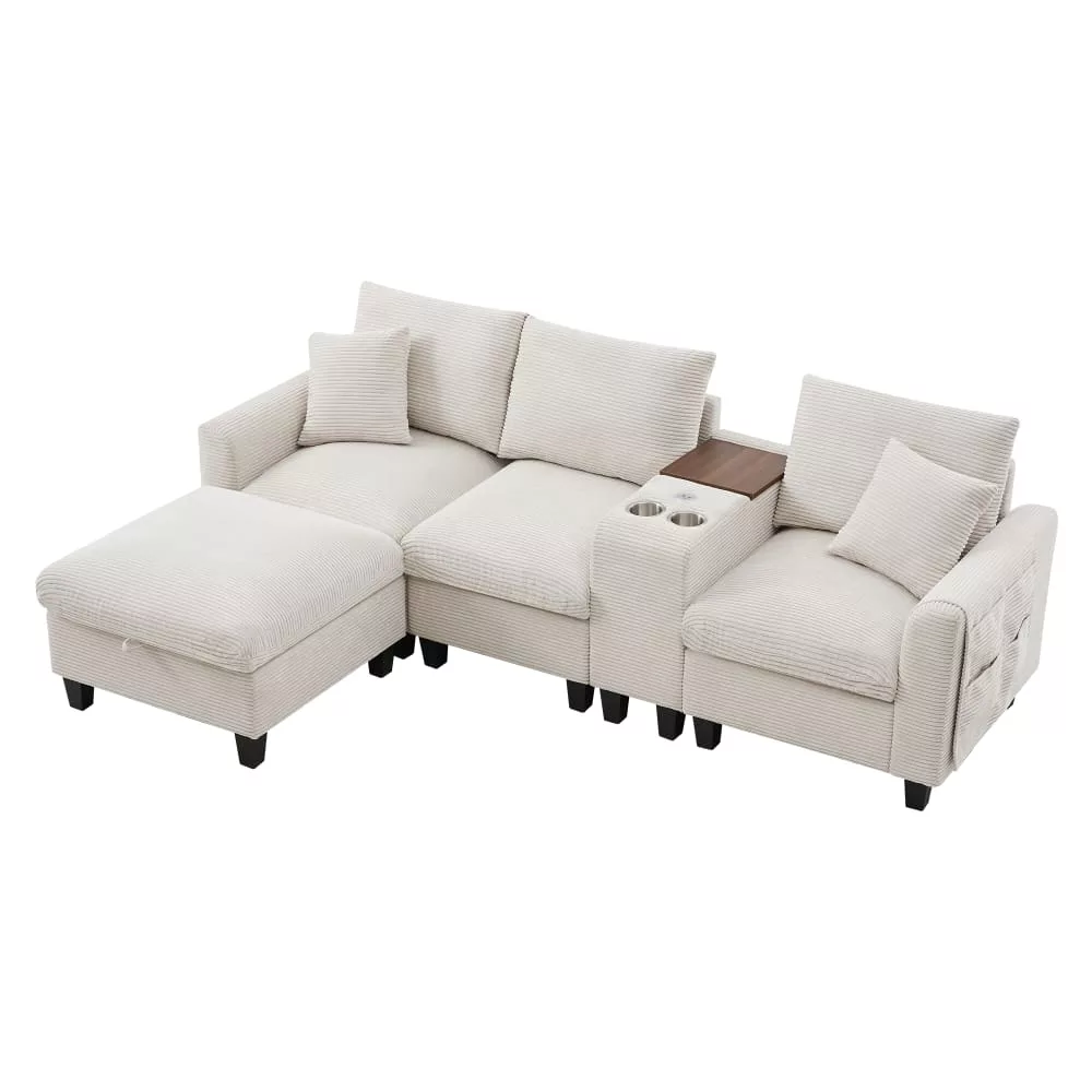 Canapé d'angle modulaire en velours polyester avec console