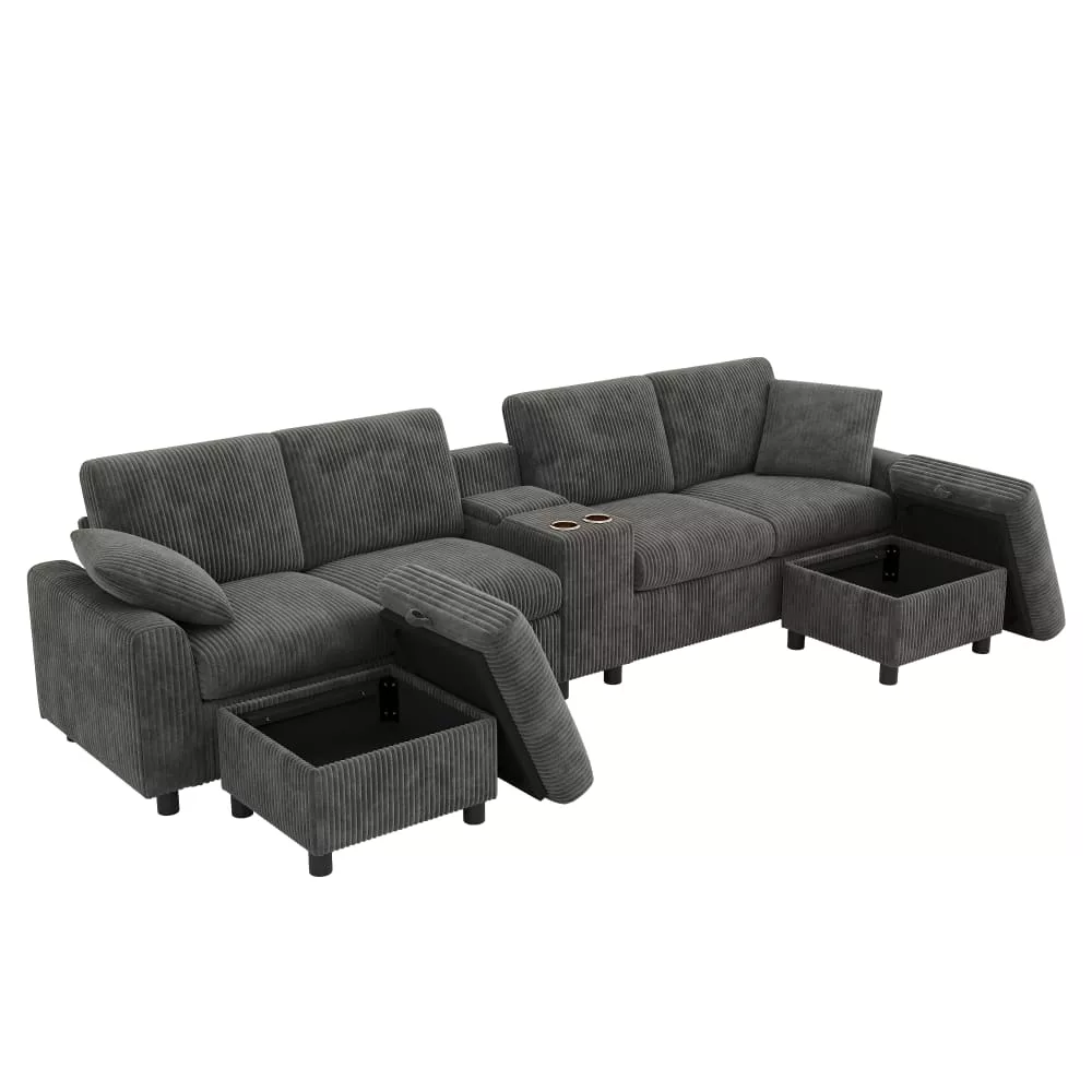 Canapé u en velours polyester avec 2 poufs et rangement