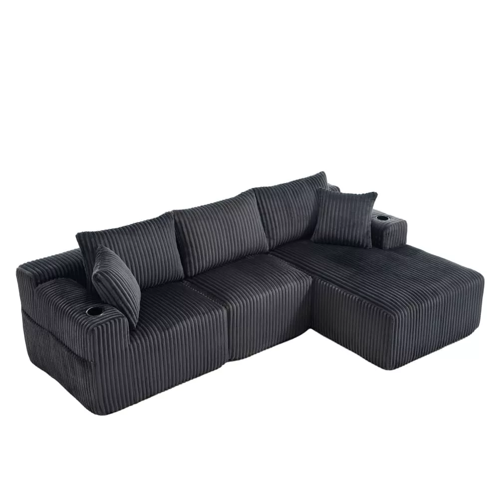 Canapé d'angle, 5 coussins, poches, velours côtelé