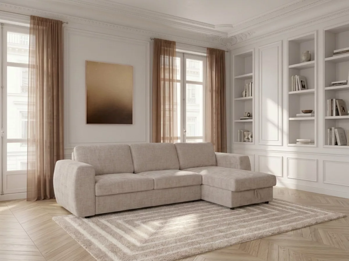 Canapé d'angle réversible convertible coffre HUGO ouverture express tissu texturé