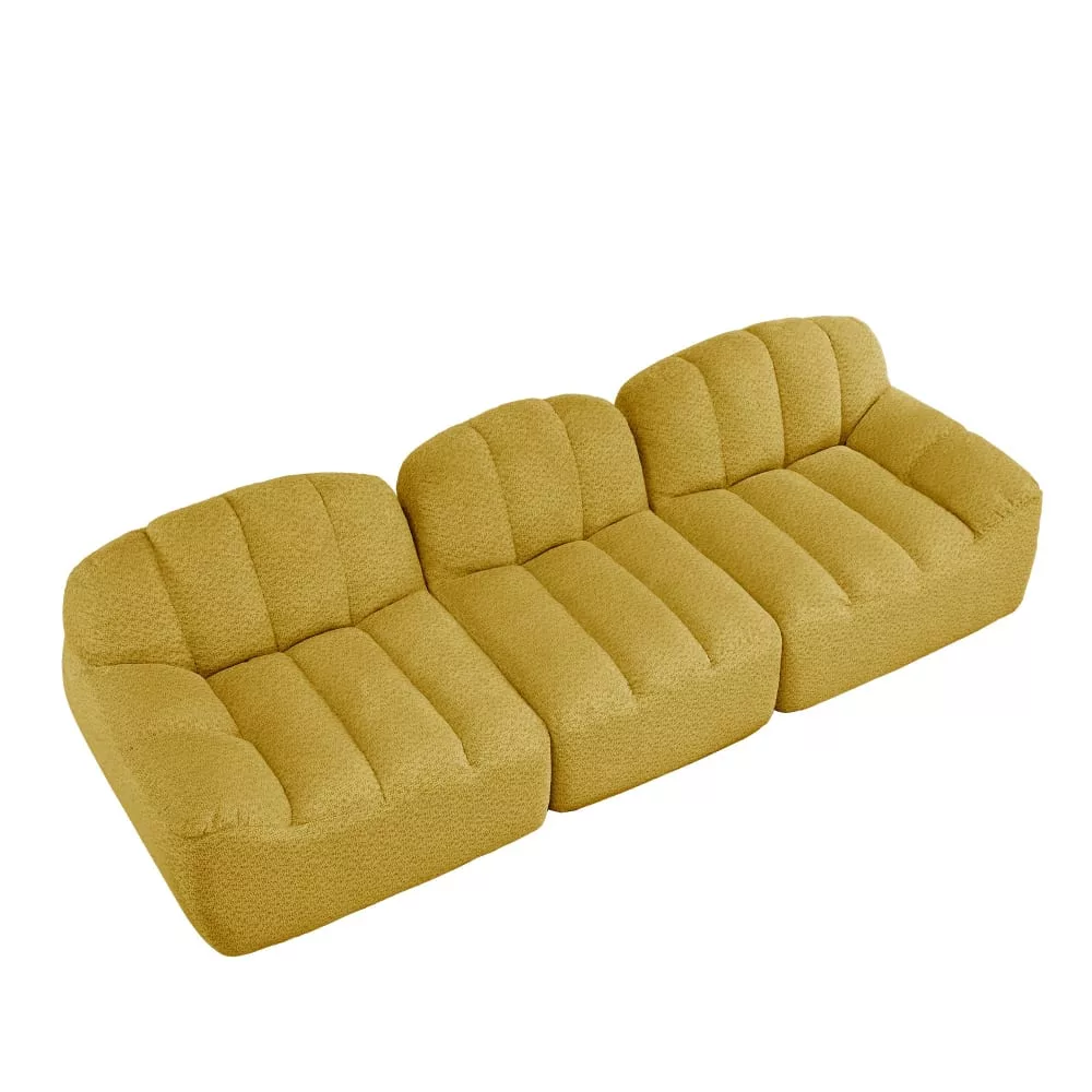 Canapé modulaire 3 places moutard avec pouf, tissu polaire