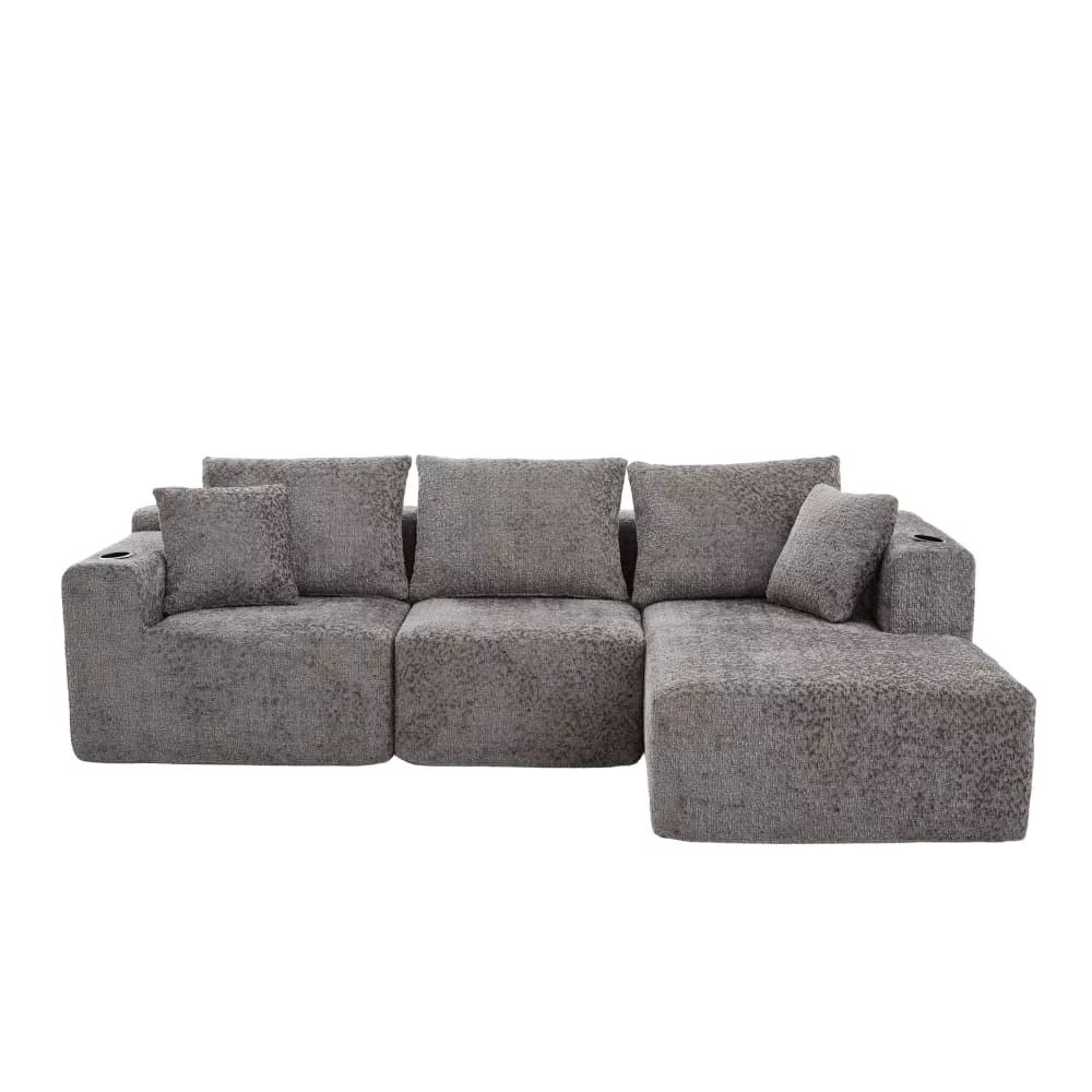 Canapé d’angle 3 places en chenille bouclette texturée accoudoirs