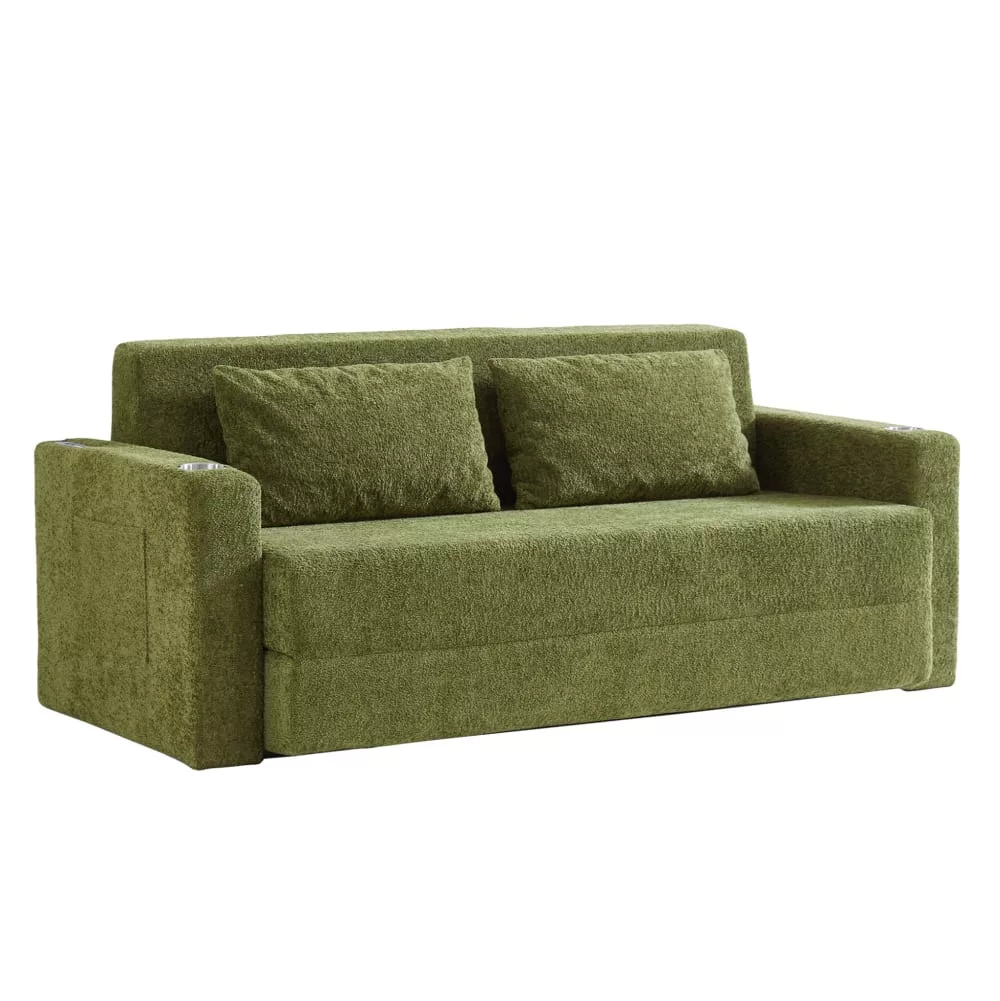 Canapé-lit 2 places en velours polyester avec usb et 2 coussins
