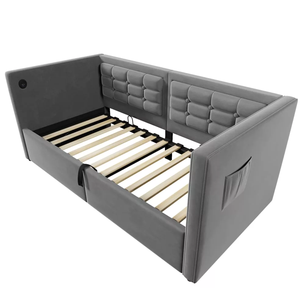 Lit-banquette en velours polyester avec rangement