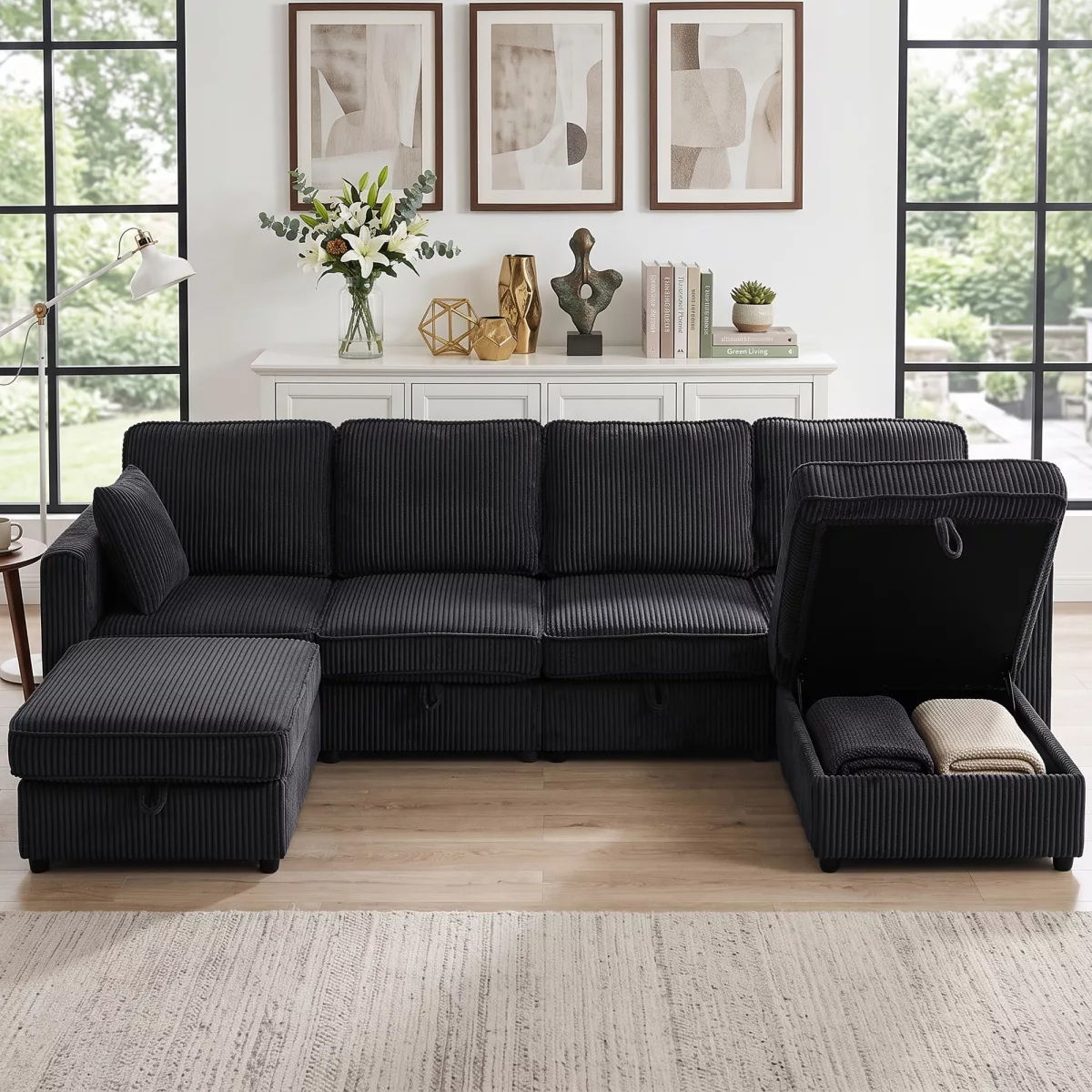 HOMCOM Canapé d'angle 4 places en U avec ottoman de rangement