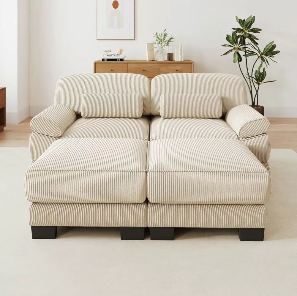 Canapé modulable, 2 poufs, velours côtelé