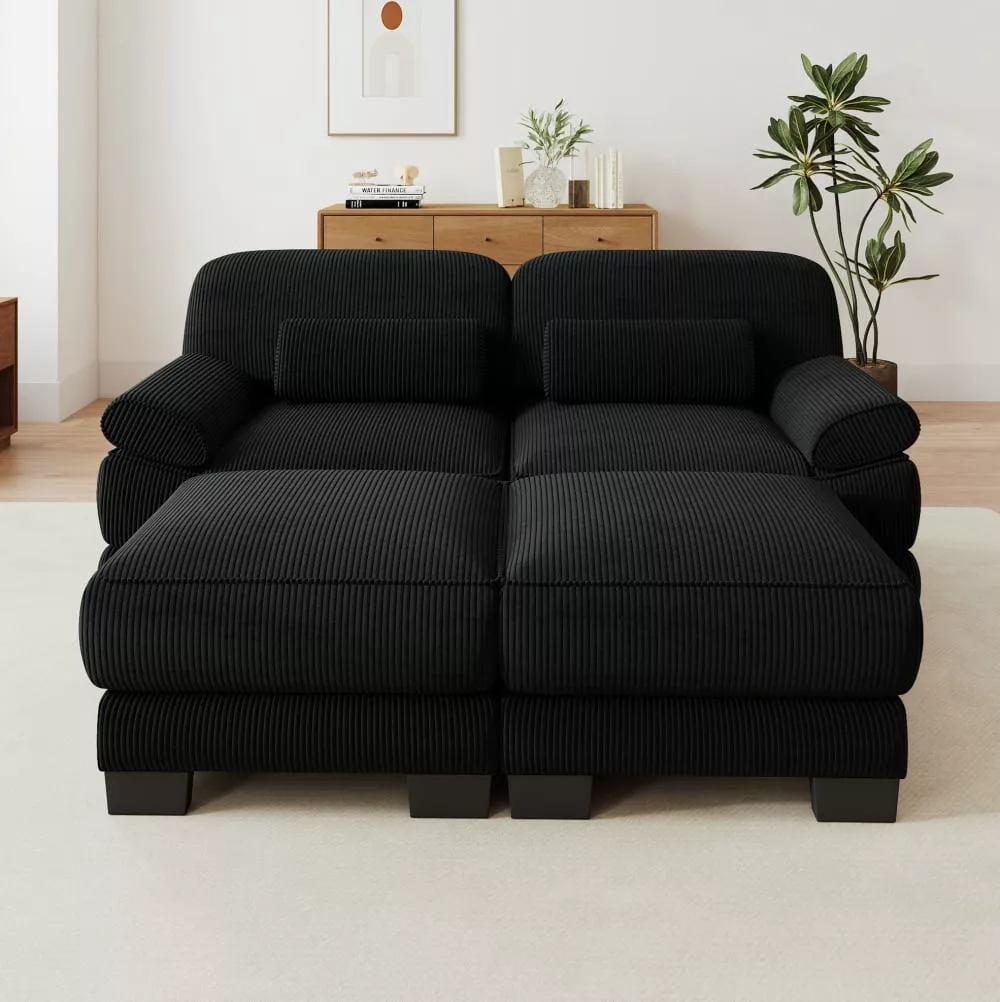Canapé modulable, 2 poufs, velours côtelé