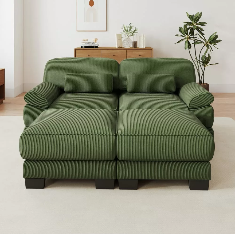 Canapé modulable, 2 poufs, velours côtelé