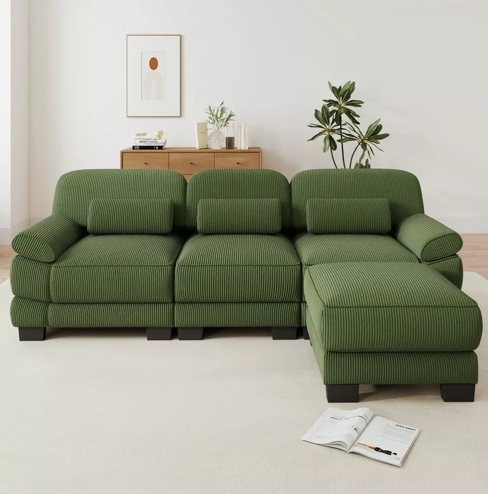 Canapé d'angle modulable avec pouf, velours côtelé