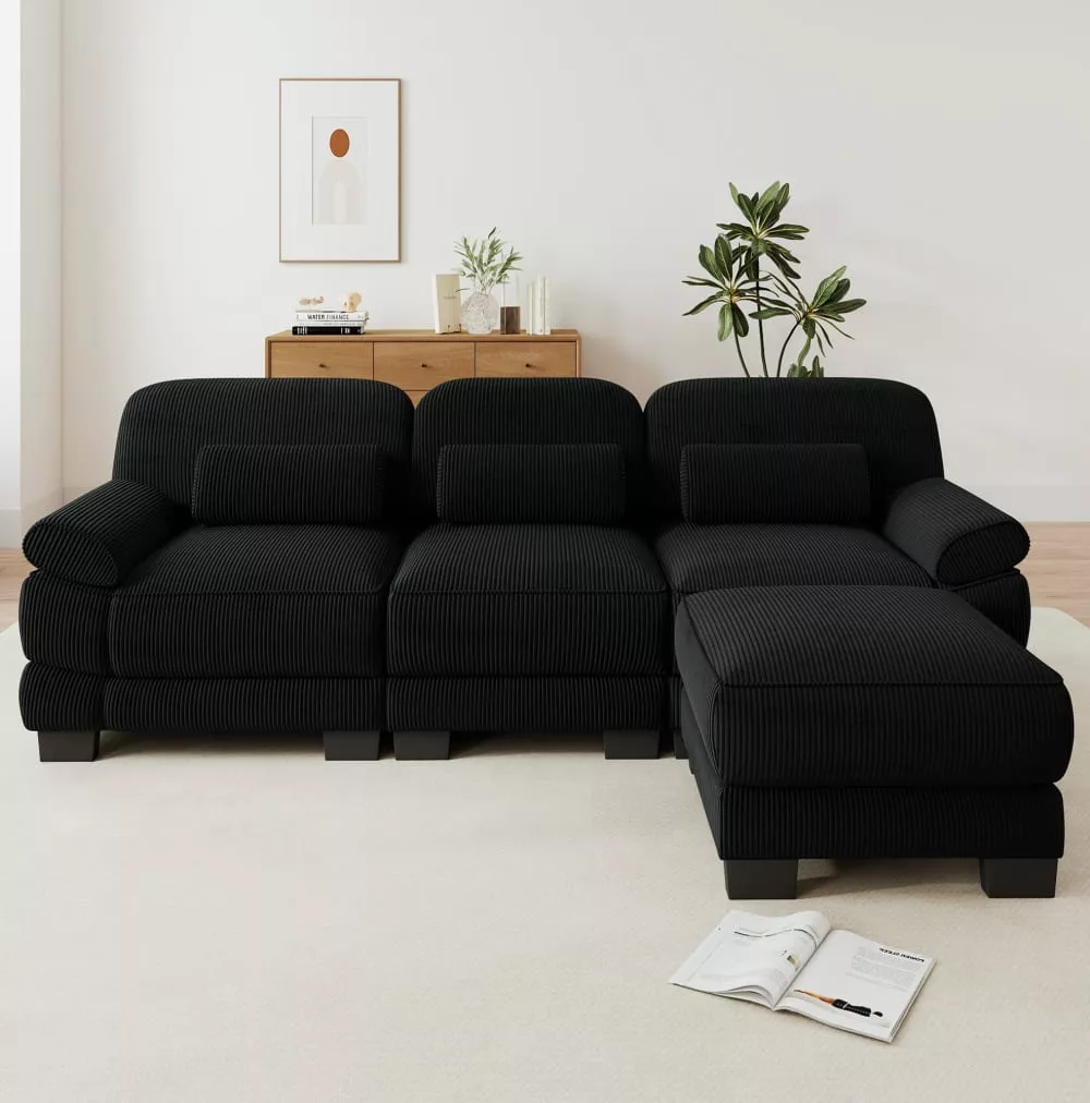 Canapé d'angle modulable avec pouf, velours côtelé
