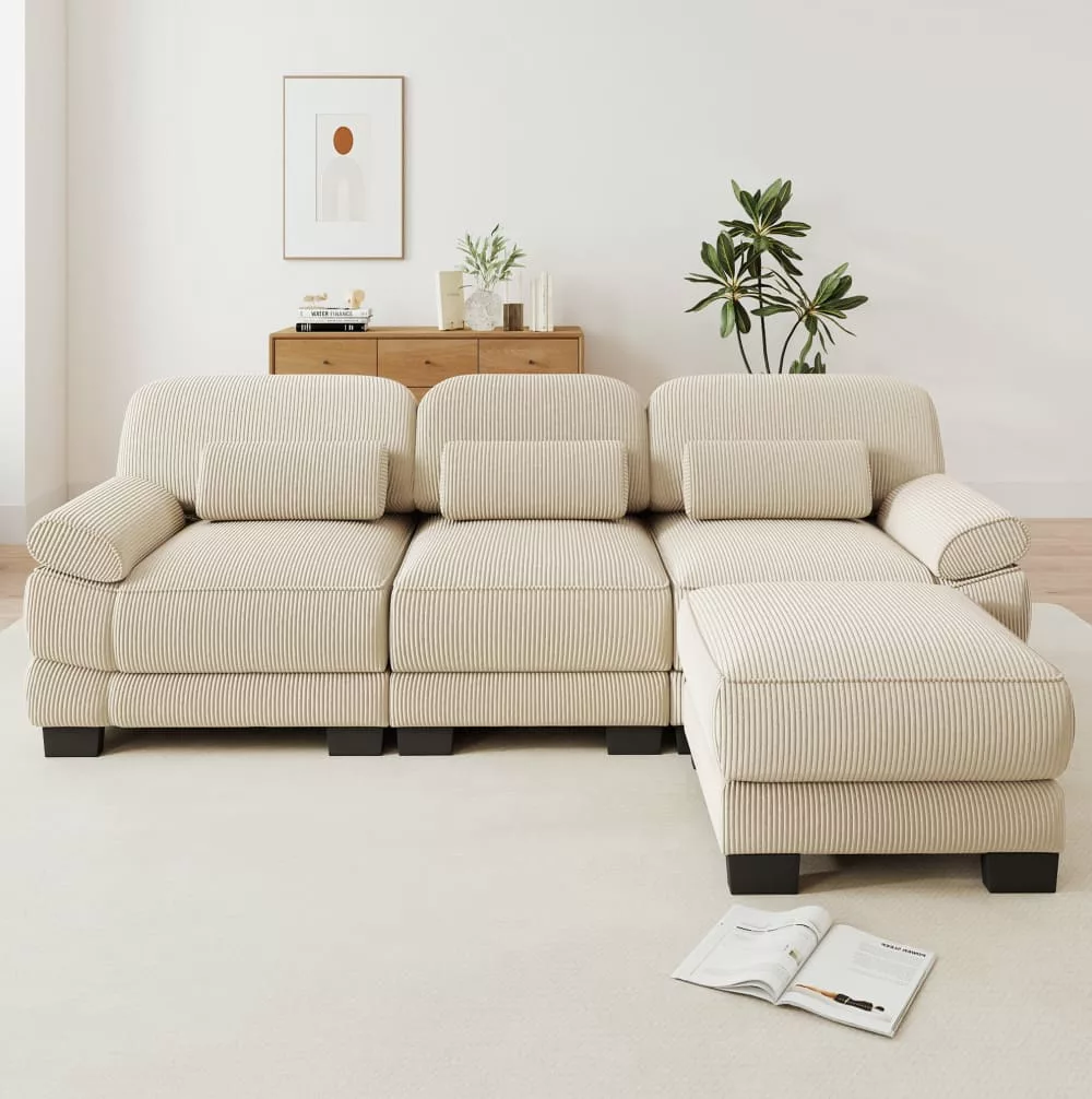 Canapé d'angle modulable avec pouf, velours côtelé