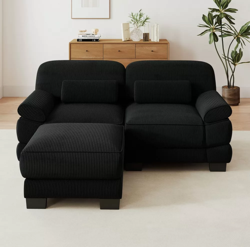 Canapé d'angle modulable, avec pouf, velours côtelé