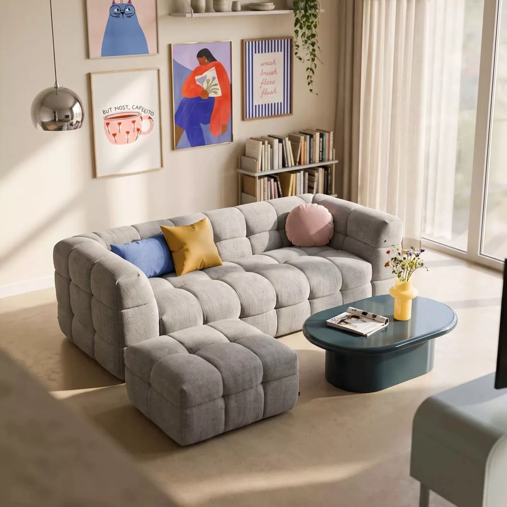 Canapé 3 places en bois et polyester avec pouf l228 cm Darius