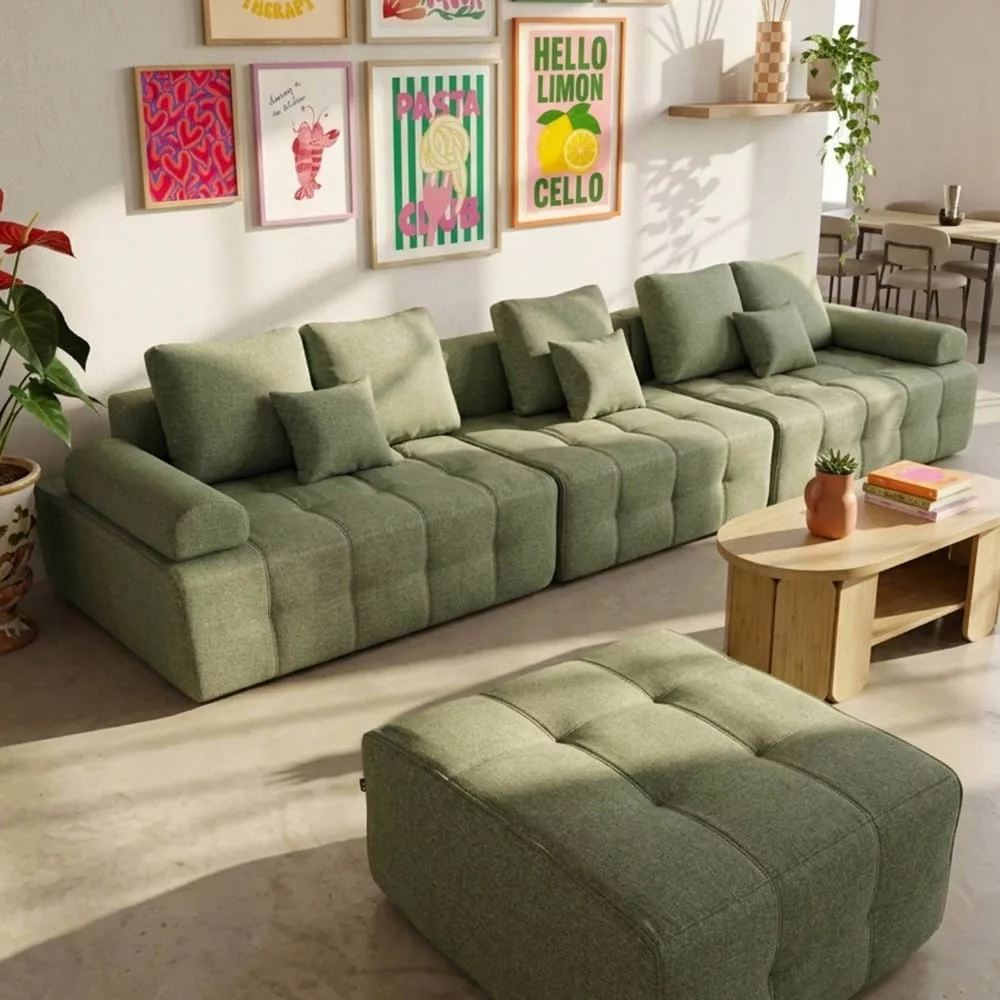 Canapé modulable compressé 5 places en tissu avec pouf 365 cm