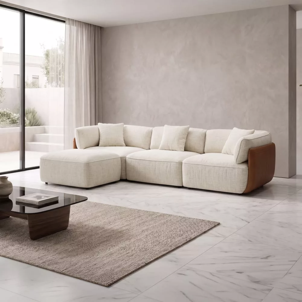 Canapé d'angle modulable en tissu dossier en simili cuir